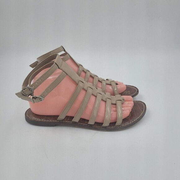 Sam Edelman Gilda Faux Patent Leather Taupe Gladiator Flat Sandals Size 8.5M - Picture 2 of 10